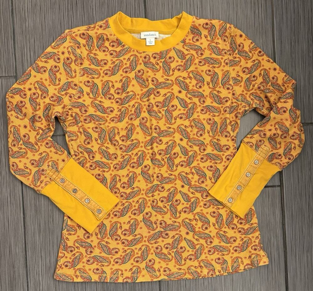 Sundance Thermal Waffle Knit Long Sleeve Shirt Gold Paisley Large Button Cuff